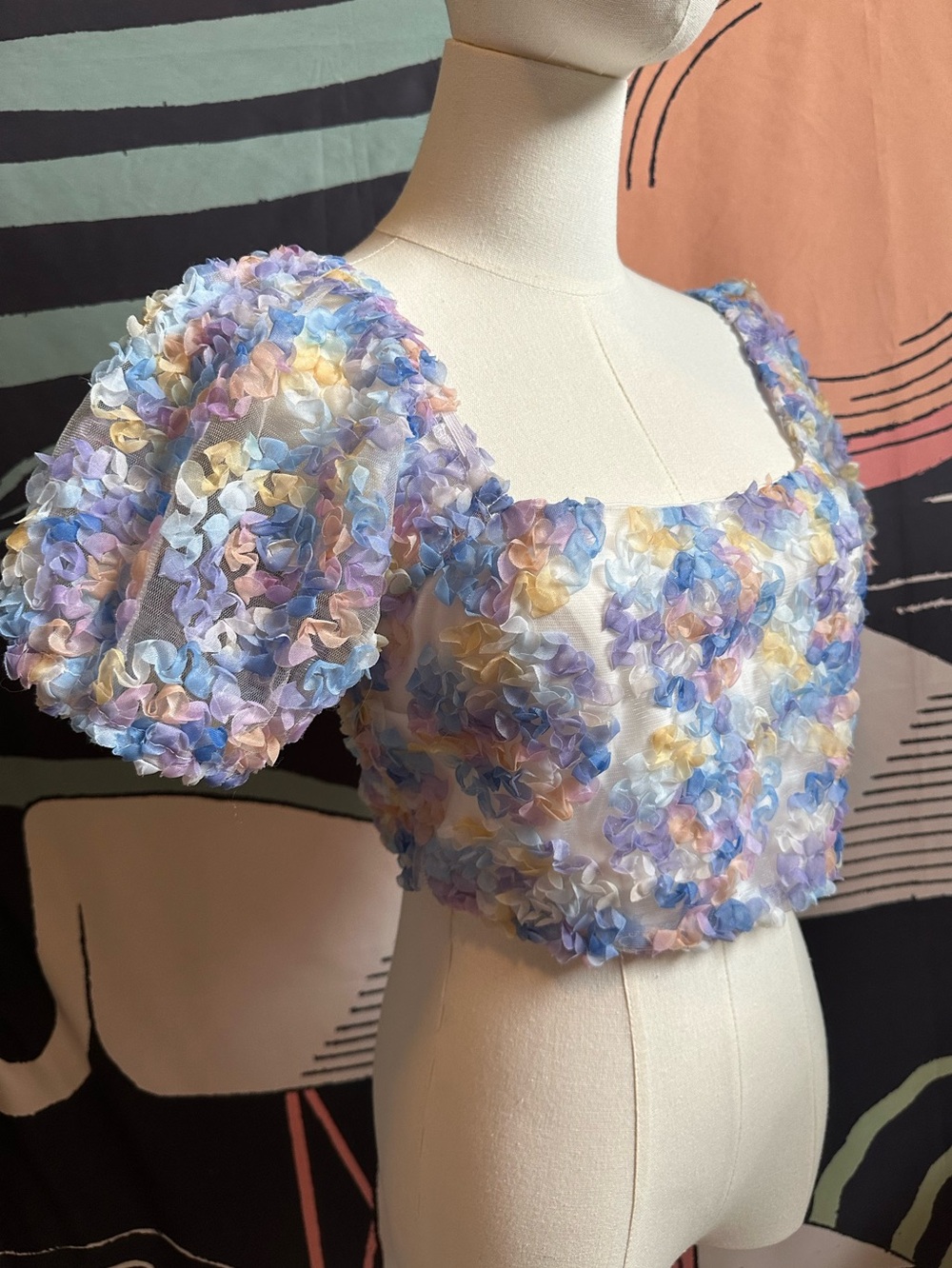 Le Lis Pastel Multi Floral Appliqué Puff Sleeve Crop Top